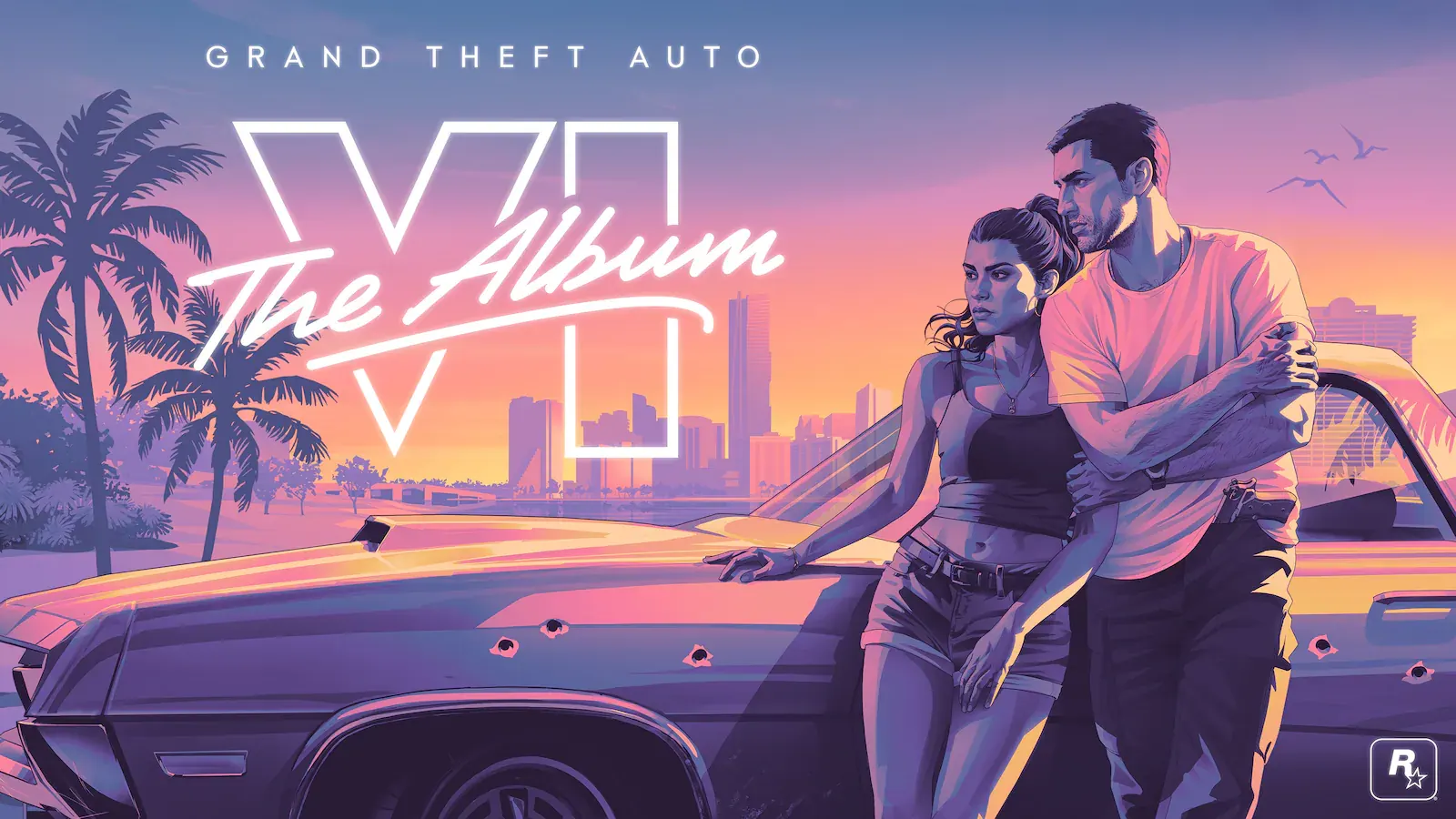 Ilustración de Jason y Lucia apoyados en un coche con impactos de bala, con el perfil de Vice City al atardecer detrás y el rótulo «Grand Theft Auto VI · The Album» en letras de neón.