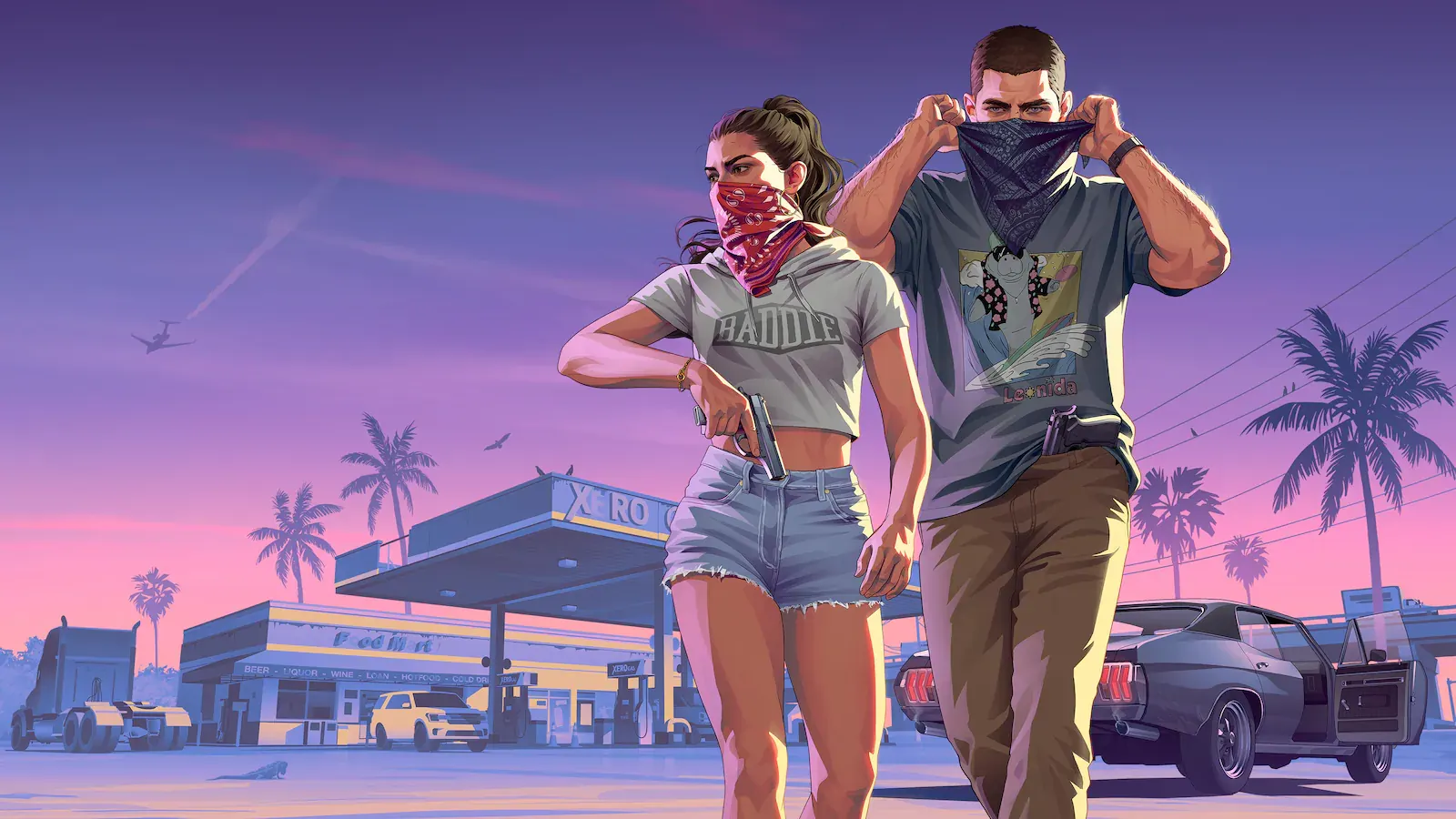 Ilustración de Jason y Lucia subiéndose pañuelos para taparse la cara mientras se alejan de una gasolinera al atardecer, con un coche esperando con la puerta abierta.
