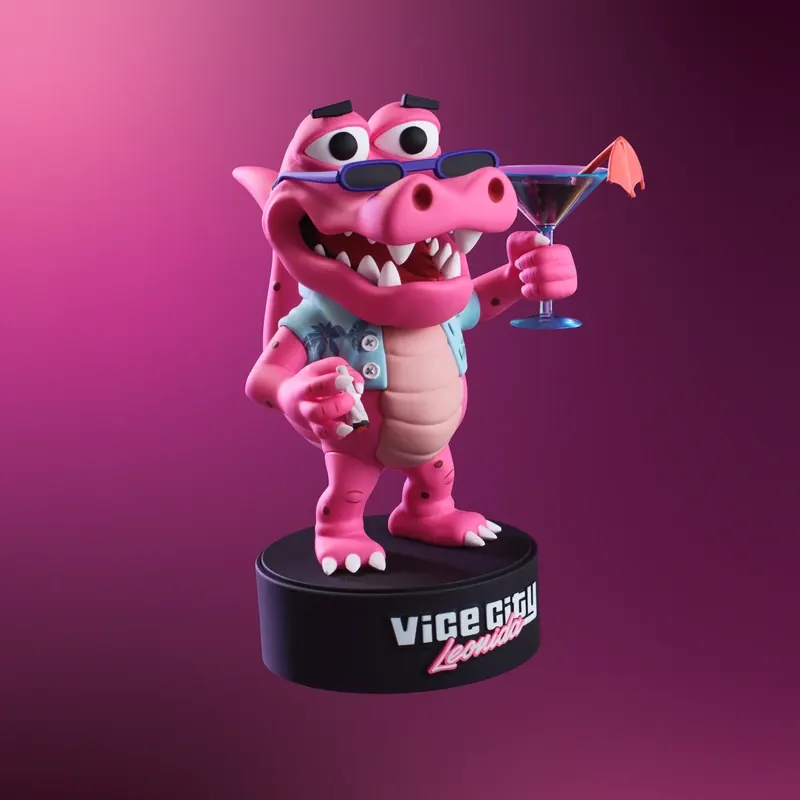 Figura de un caimán rosa de dibujos animados, con camisa de flores abierta, gafas de sol subidas a la frente y una copa de cóctel en la mano, de pie sobre una base negra redonda con el rótulo «Vice City Leonida».