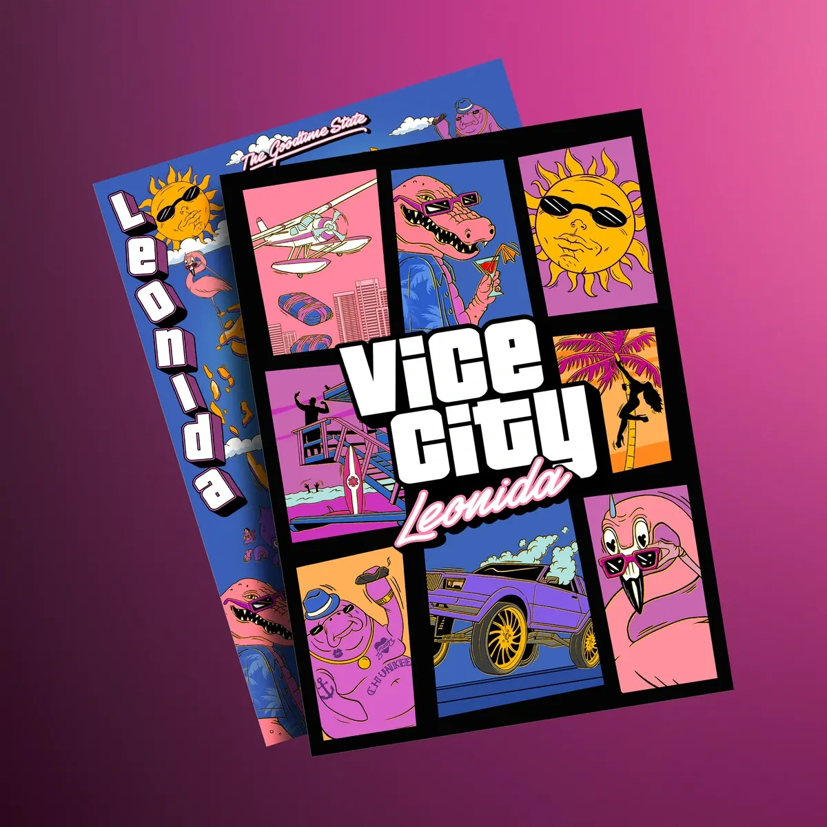 Dos láminas del póster, una sobre otra y algo giradas. La de delante es una rejilla de viñetas de colores con «Vice City Leonida» en el centro, un caimán con gafas de sol y un cóctel, un sol con gafas, un hidroavión y un coche. Detrás asoma otra, azul, con «Leonida» en vertical y unas islas dibujadas.