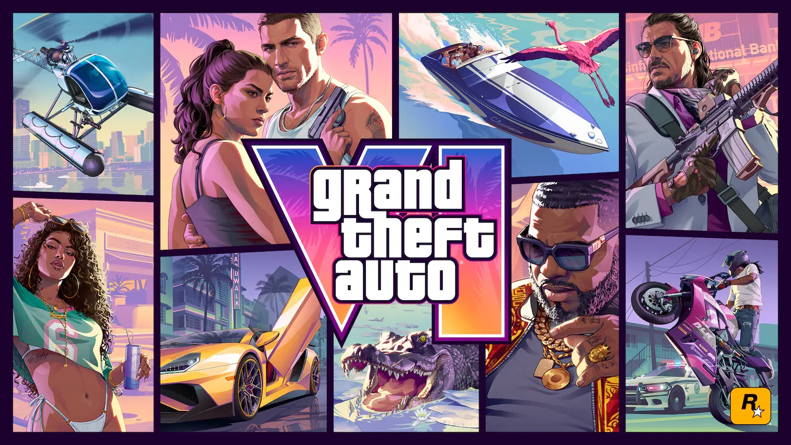 Ilustración de portada de Grand Theft Auto VI: una rejilla de viñetas con Jason y Lucia, un helicóptero, una lancha, un flamenco, un caimán y varios personajes, alrededor del logotipo VI.