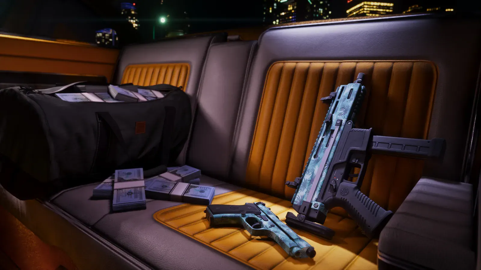 Una pistola y un subfusil con un estampado de palmeras en azul claro, apoyados en el asiento trasero de un coche junto a fajos de billetes y una bolsa de deporte.