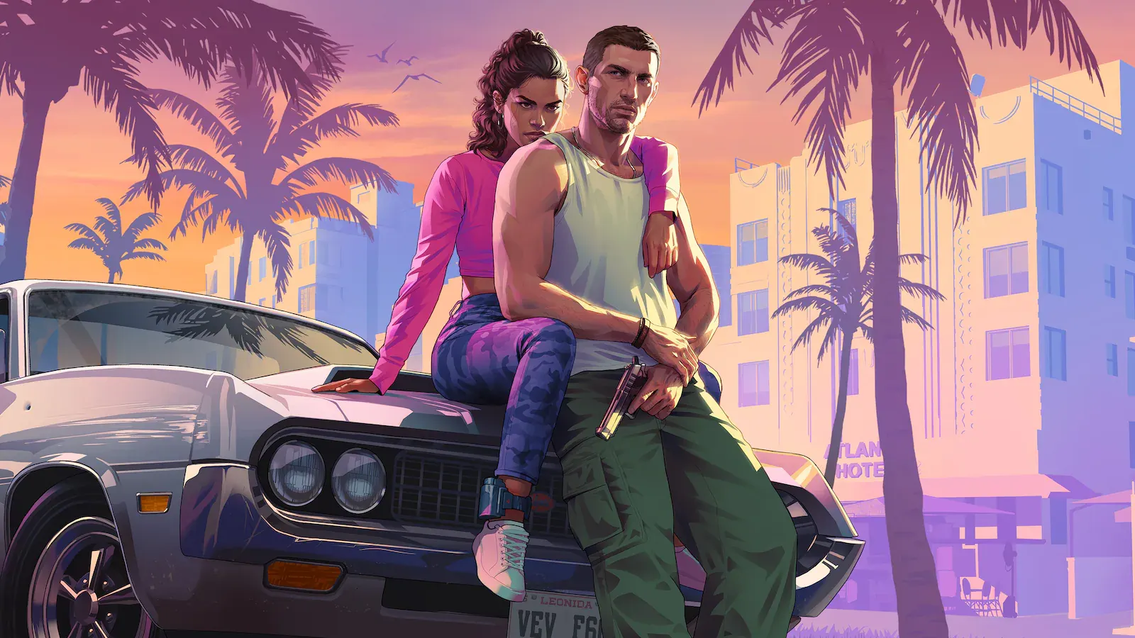 Ilustración de Jason y Lucia apoyados en un coche antiguo, con hoteles art déco, palmeras y un cielo naranja y violeta detrás.