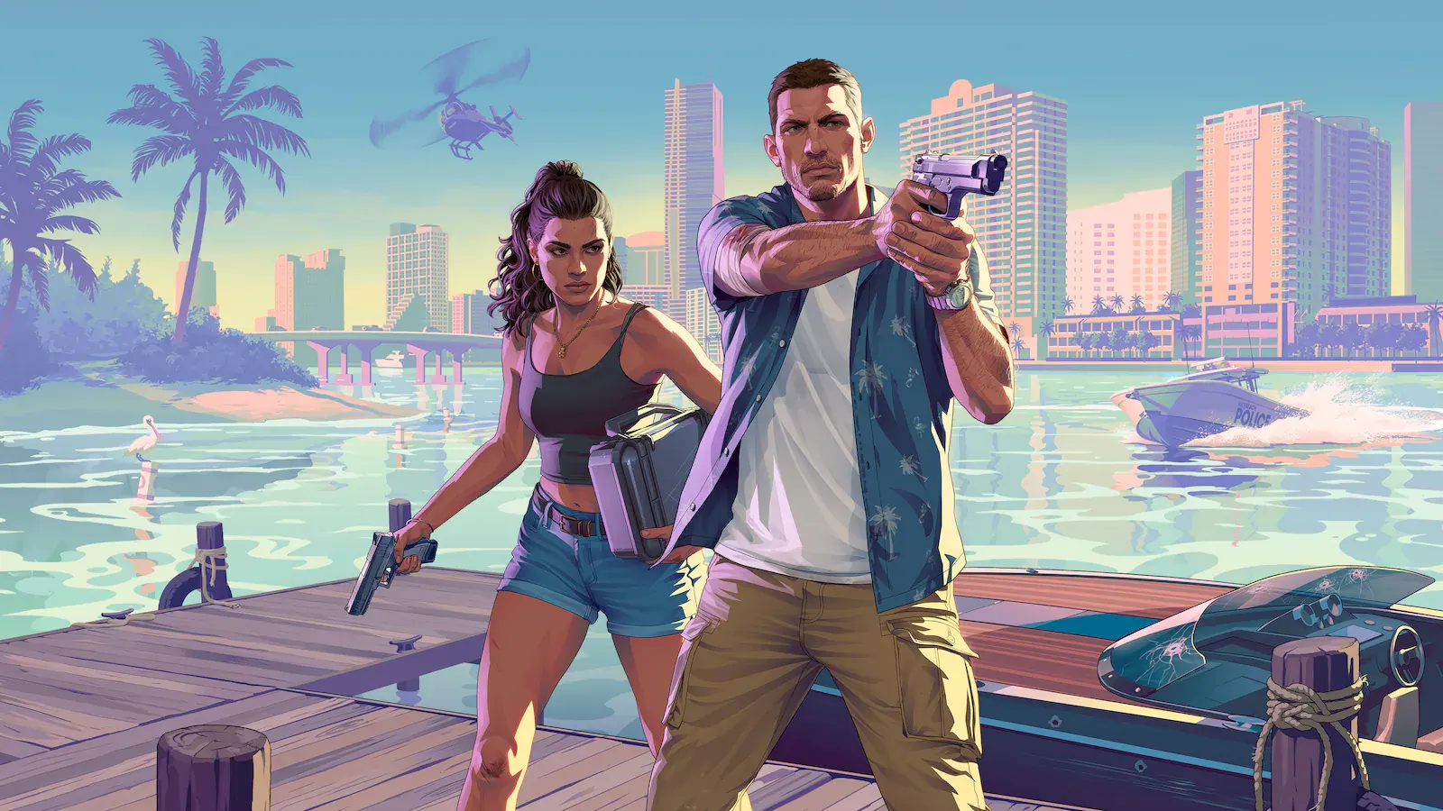 Ilustración de Jason apuntando con una pistola y Lucia detrás con un maletín, en un embarcadero, con una lancha policial y el perfil de Vice City en tonos pastel.